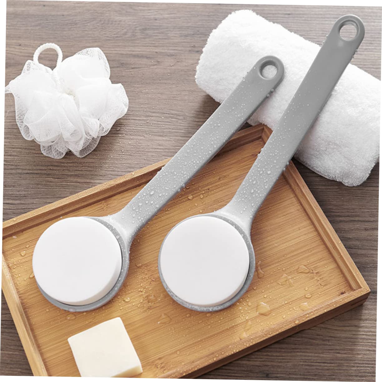 Back Brush with Long Handle - Bath Brush - Shower Brush - Back Scrubber - Bath Sponge on Handle - Back Scrubber - Bathroom Accessories - Shower Sponge - Sponge with Handle - Back Sponge - Bathroom Supplies - Scrubbing - Hangable - Gray - 2 Pieces - Image 2