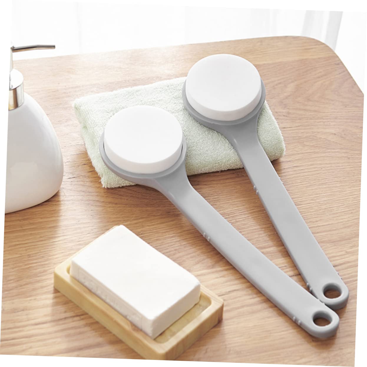 Back Brush with Long Handle - Bath Brush - Shower Brush - Back Scrubber - Bath Sponge on Handle - Back Scrubber - Bathroom Accessories - Shower Sponge - Sponge with Handle - Back Sponge - Bathroom Supplies - Scrubbing - Hangable - Gray - 2 Pieces - Image 4