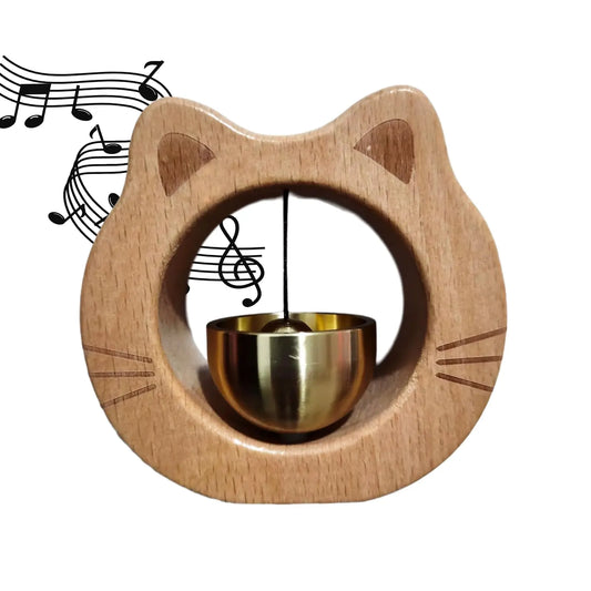 1 Piece Vintage Wooden Door Bell with Copper Chime and Magnetic Mount for Entryways and Bedrooms, Beech Cat Face Design