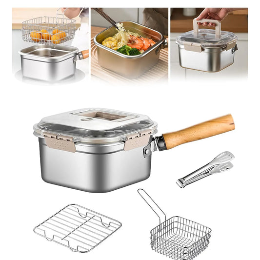 Stainless Steel Mini Deep Fryer Pot with Basket, Lid and Tongs for Frying, Steaming, Ramen and Camping Cooking, 10.2 cm, Silver and White