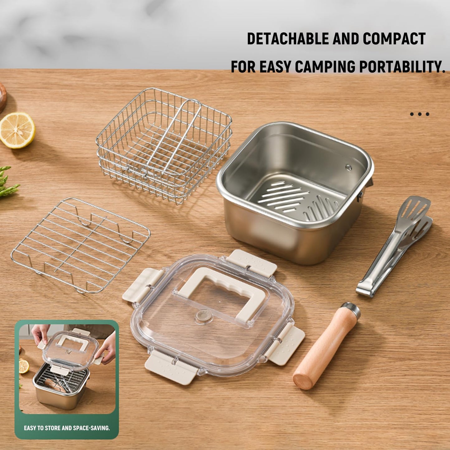 Induction Saucepan - Mini Deep Fryer - Milk Pan - Square Cooking Pot - Stainless Steel - With Frying Basket - Steaming Rack - Tongs - Glass Lid - Wooden Handle - Ramen Pan - Soup Pot - Camping Pan - 4 in 1 - Kitchen Utensils - Compact - Silver - White - 1 - Image 2