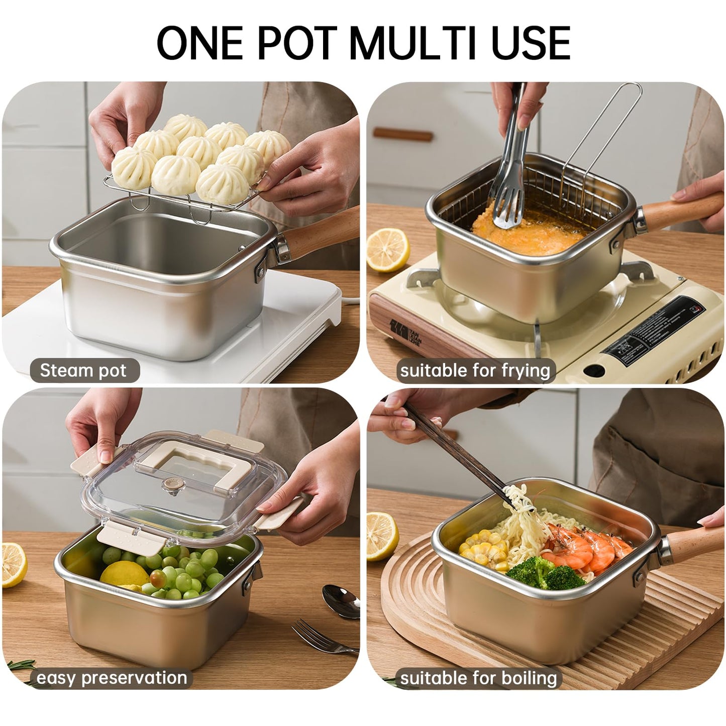 Induction Saucepan - Mini Deep Fryer - Milk Pan - Square Cooking Pot - Stainless Steel - With Frying Basket - Steaming Rack - Tongs - Glass Lid - Wooden Handle - Ramen Pan - Soup Pot - Camping Pan - 4 in 1 - Kitchen Utensils - Compact - Silver - White - 1 - Image 3