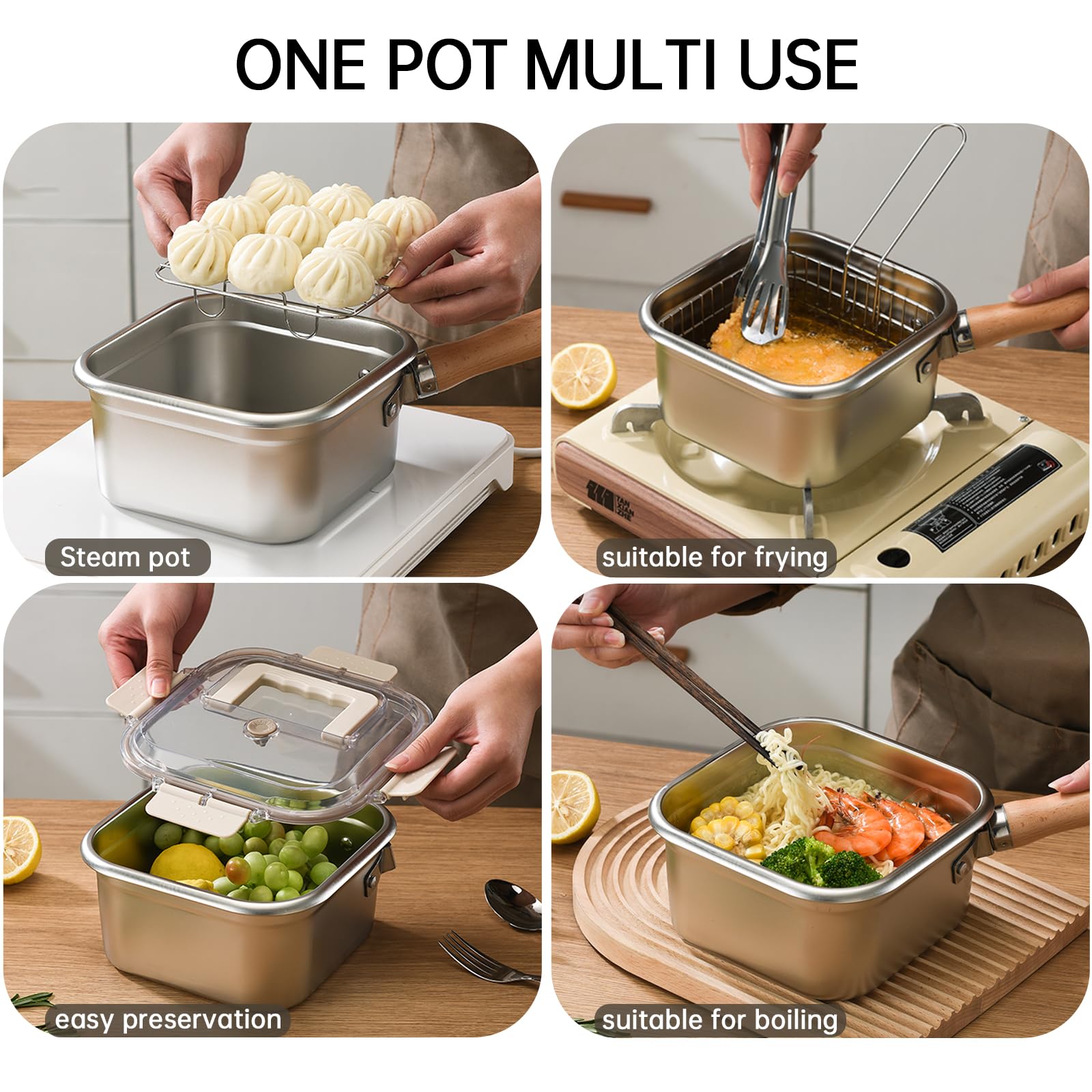 Induction Saucepan - Mini Deep Fryer - Milk Pan - Square Cooking Pot - Stainless Steel - With Frying Basket - Steaming Rack - Tongs - Glass Lid - Wooden Handle - Ramen Pan - Soup Pot - Camping Pan - 4 in 1 - Kitchen Utensils - Compact - Silver - White - 1 - Image 3