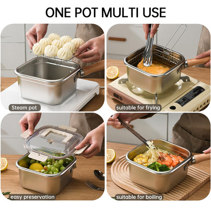 Induction Saucepan - Mini Deep Fryer - Milk Pan - Square Cooking Pot - Stainless Steel - With Frying Basket - Steaming Rack - Tongs - Glass Lid - Wooden Handle - Ramen Pan - Soup Pot - Camping Pan - 4 in 1 - Kitchen Utensils - Compact - Silver - White - 1 - Image 3