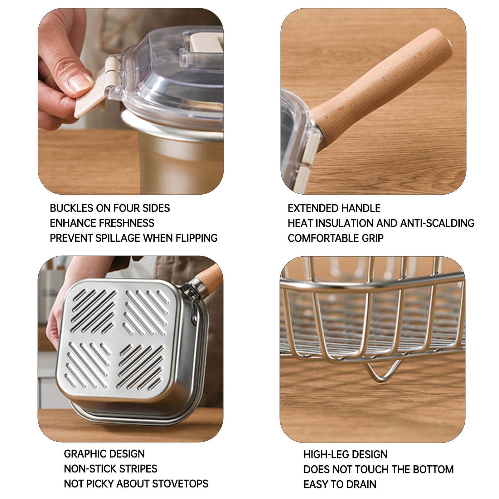 Induction Saucepan - Mini Deep Fryer - Milk Pan - Square Cooking Pot - Stainless Steel - With Frying Basket - Steaming Rack - Tongs - Glass Lid - Wooden Handle - Ramen Pan - Soup Pot - Camping Pan - 4 in 1 - Kitchen Utensils - Compact - Silver - White - 1 - Image 4