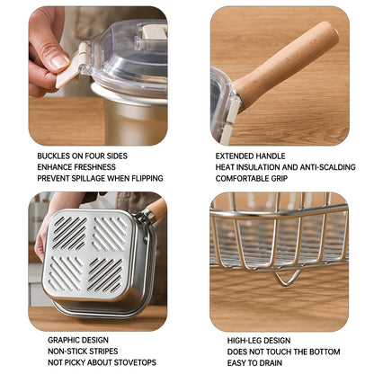 Induction Saucepan - Mini Deep Fryer - Milk Pan - Square Cooking Pot - Stainless Steel - With Frying Basket - Steaming Rack - Tongs - Glass Lid - Wooden Handle - Ramen Pan - Soup Pot - Camping Pan - 4 in 1 - Kitchen Utensils - Compact - Silver - White - 1 - Image 4