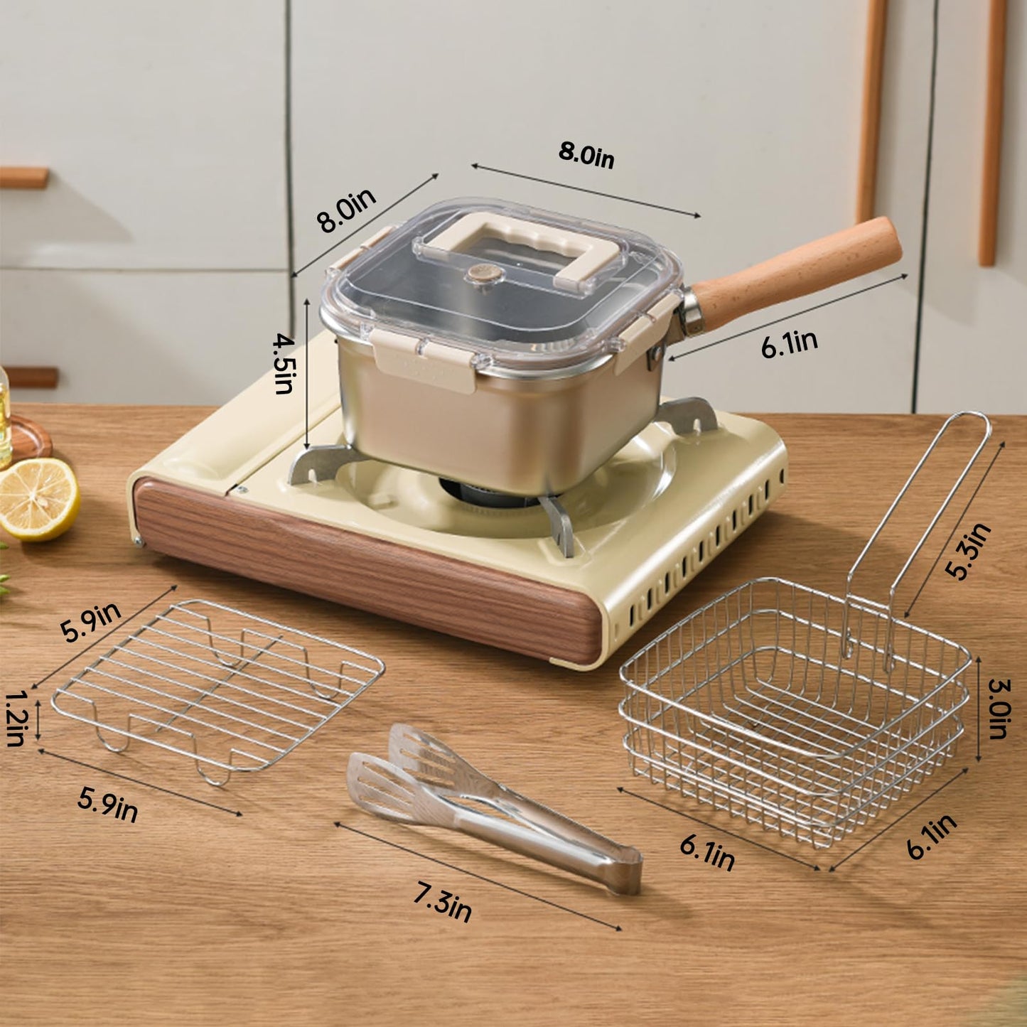 Induction Saucepan - Mini Deep Fryer - Milk Pan - Square Cooking Pot - Stainless Steel - With Frying Basket - Steaming Rack - Tongs - Glass Lid - Wooden Handle - Ramen Pan - Soup Pot - Camping Pan - 4 in 1 - Kitchen Utensils - Compact - Silver - White - 1 - Image 6