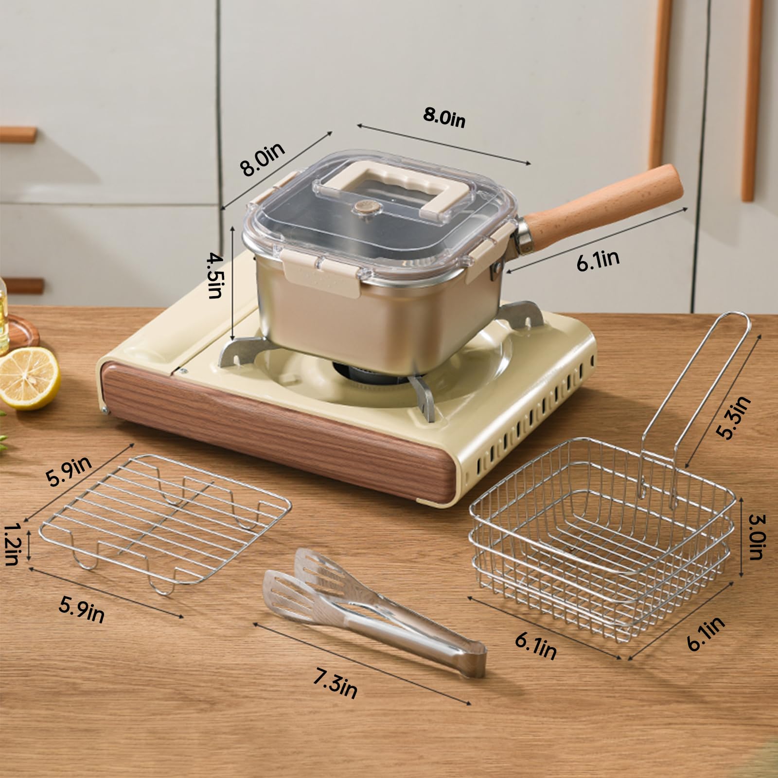 Induction Saucepan - Mini Deep Fryer - Milk Pan - Square Cooking Pot - Stainless Steel - With Frying Basket - Steaming Rack - Tongs - Glass Lid - Wooden Handle - Ramen Pan - Soup Pot - Camping Pan - 4 in 1 - Kitchen Utensils - Compact - Silver - White - 1 - Image 6