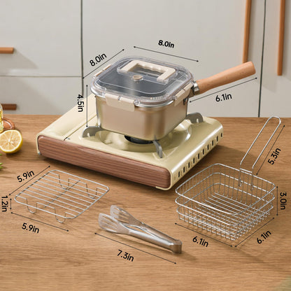 Induction Saucepan - Mini Deep Fryer - Milk Pan - Square Cooking Pot - Stainless Steel - With Frying Basket - Steaming Rack - Tongs - Glass Lid - Wooden Handle - Ramen Pan - Soup Pot - Camping Pan - 4 in 1 - Kitchen Utensils - Compact - Silver - White - 1 - Image 6