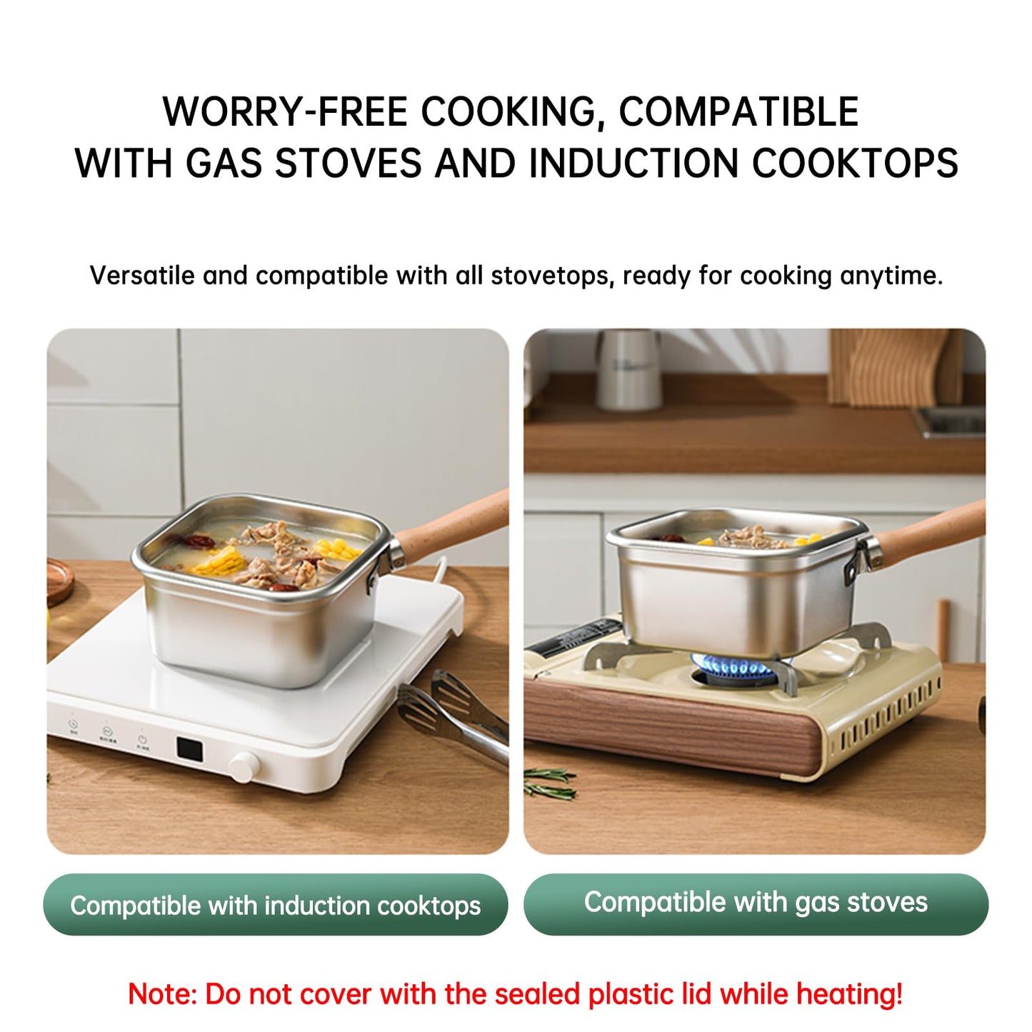 Induction Saucepan - Mini Deep Fryer - Milk Pan - Square Cooking Pot - Stainless Steel - With Frying Basket - Steaming Rack - Tongs - Glass Lid - Wooden Handle - Ramen Pan - Soup Pot - Camping Pan - 4 in 1 - Kitchen Utensils - Compact - Silver - White - 1 - Image 7