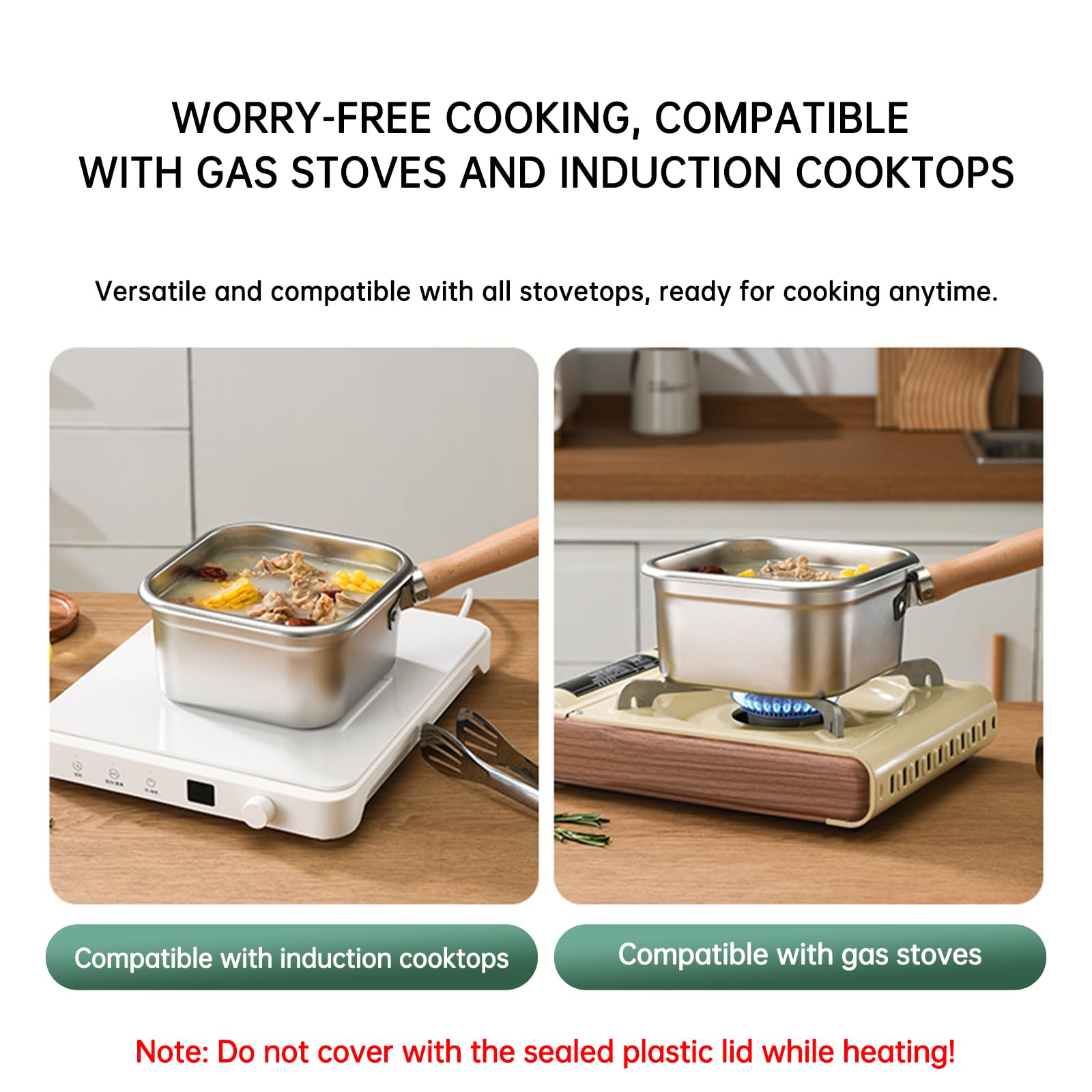 Induction Saucepan - Mini Deep Fryer - Milk Pan - Square Cooking Pot - Stainless Steel - With Frying Basket - Steaming Rack - Tongs - Glass Lid - Wooden Handle - Ramen Pan - Soup Pot - Camping Pan - 4 in 1 - Kitchen Utensils - Compact - Silver - White - 1 - Image 7