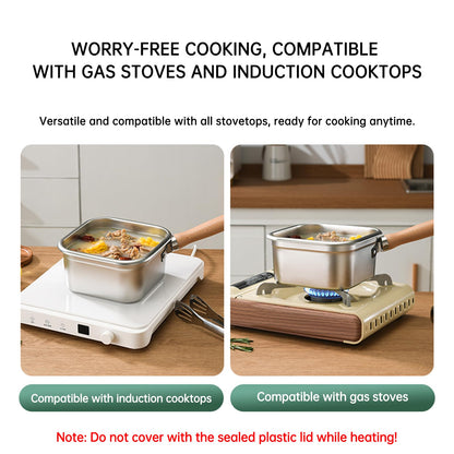 Induction Saucepan - Mini Deep Fryer - Milk Pan - Square Cooking Pot - Stainless Steel - With Frying Basket - Steaming Rack - Tongs - Glass Lid - Wooden Handle - Ramen Pan - Soup Pot - Camping Pan - 4 in 1 - Kitchen Utensils - Compact - Silver - White - 1 - Image 7