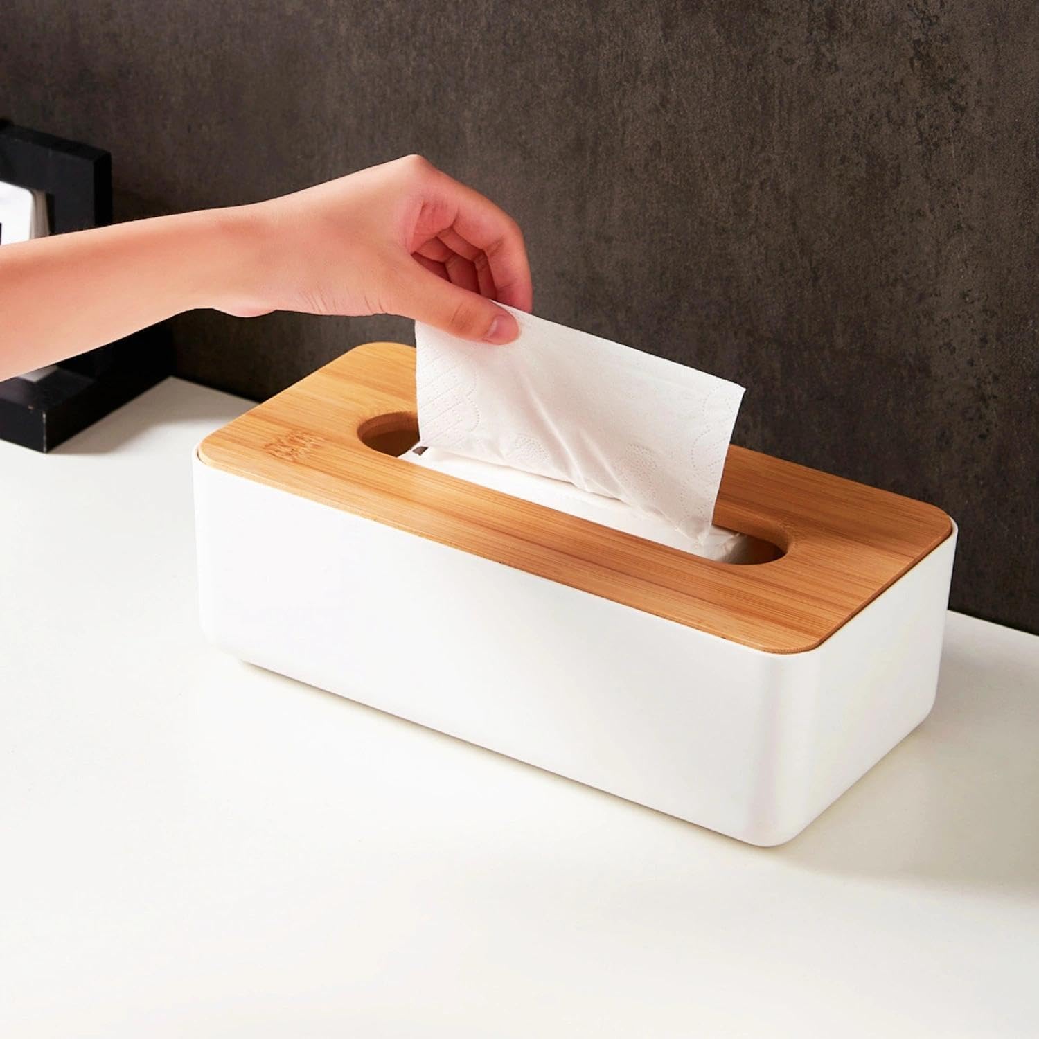 Tissue Box - Tissue Box - Tissue Holder - Tissue Box - Bamboo Lid - White - Tissue Holder - Bathroom Accessories - Toilet Organizer - Living Room Decoration - Rectangular - 1 piece - Image 3