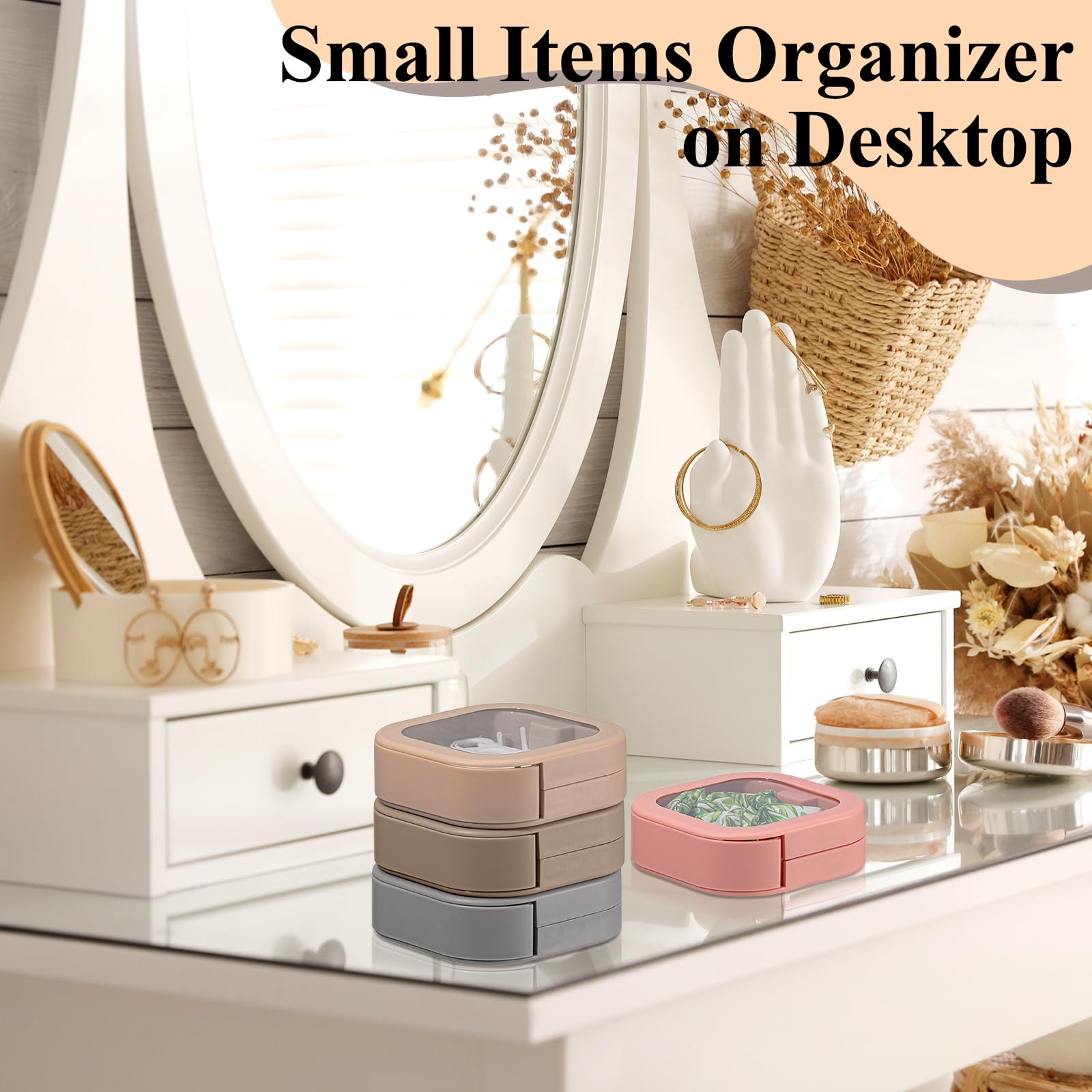 Jewelry box - Storage box - Cotton swab holder - Travel organizer - Makeup organizer - Hair accessories - Jewelry organizer - Bathroom accessories - Cable organizer - Storage tray - White - Pink - 2 pieces - Image 7