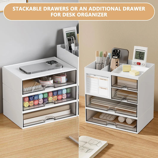 1 Piece Desktop Drawer Organiser with Stackable Storage Tray for Stationery, Cosmetics and Tidy Home Office Storage, White - Image 3