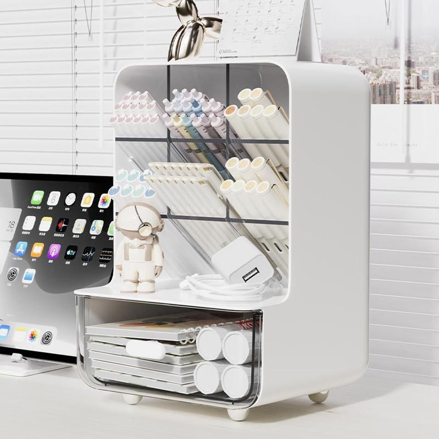 Make-up organizer - Desk organizer - Bathroom organizer - Cosmetics organizer - Office supplies - Chest of drawers - Brush holder - Pen tray - Bathroom accessories - Storage system - Storage box - White - 1 piece