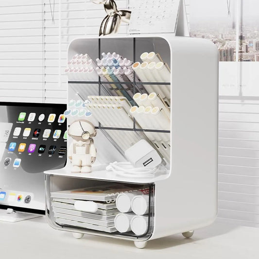 1 Piece Desktop Organiser with Brush Holder and Clear Drawers for Cosmetics, Pens and Tidy Bathroom or Office Storage, White