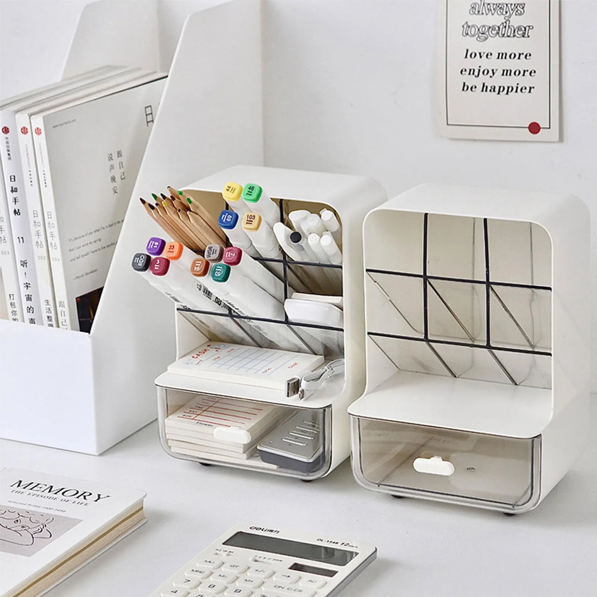 1 Piece Desktop Organiser with Brush Holder and Clear Drawers for Cosmetics, Pens and Tidy Bathroom or Office Storage, White - Image 3
