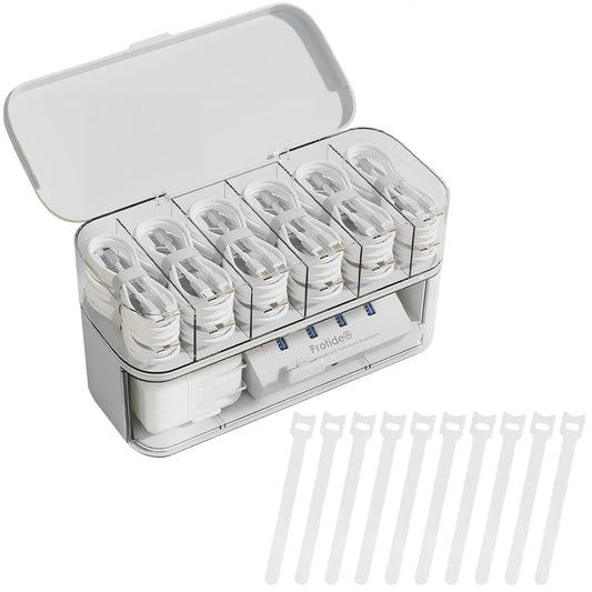 Cable organizer - Charger organizer - Cable box - Desk organizer - Storage box with compartments - Office supplies - Cable management - Electronic accessories - Including 10 pcs Cable ties - Sorting box - Storage tray - White - 1 piece