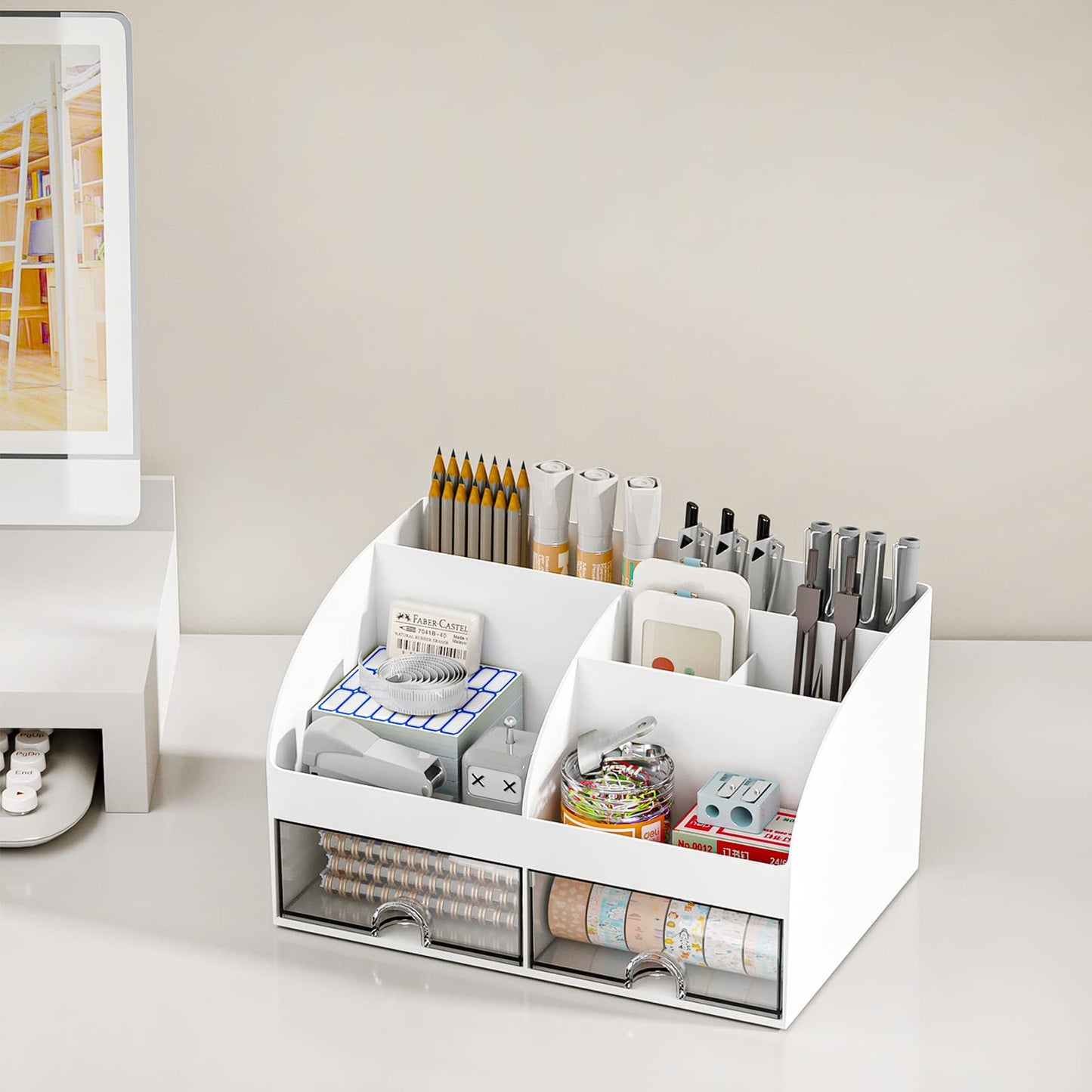 Desk organizer - Makeup organizer - Bathroom organizer - Pen tray - Drawer cabinet - Office supplies - Cosmetics organizer - Desk organizer - Desk accessories - Brush holder - Storage box with drawers - Storage system - White - 1 piece - Image 4
