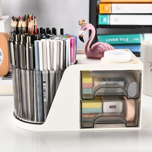 1 Piece Rotating Desktop Organiser with Pen Holder and Drawer for Stationery, Cosmetics and Tidy Home Office Storage, White - Image 2