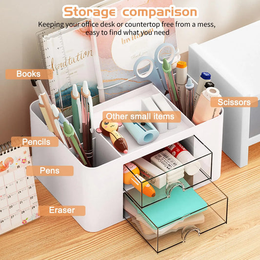 1 Piece Desktop Organiser with Tall Compartments and Drawer for Brushes, Pens and Tidy Bathroom or Office Storage, White - Image 2