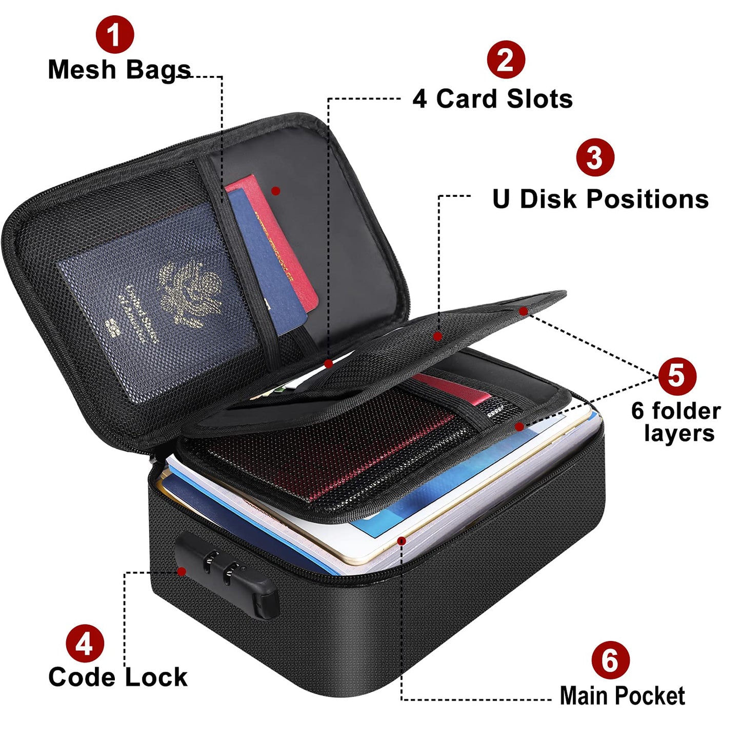 Document Organizer - Storage Bag with Combination Lock - Travel Folder - Documents - Passport Holder - Office Supplies - Security Bag - Water-Repellent - Tablet Storage - Administration - Holiday Accessories - Briefcase - Black - 1 Piece - Image 2