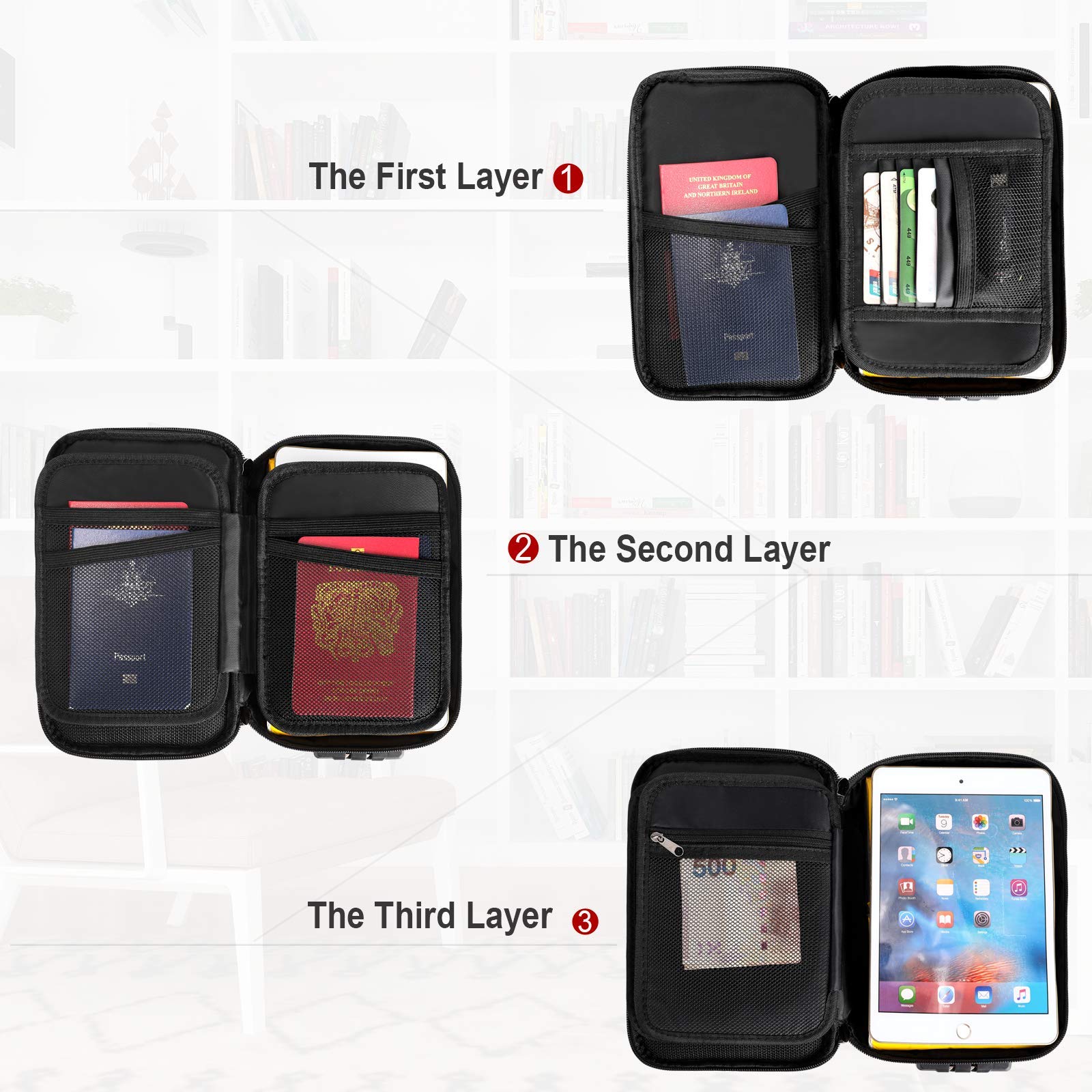 Document Organizer - Storage Bag with Combination Lock - Travel Folder - Documents - Passport Holder - Office Supplies - Security Bag - Water-Repellent - Tablet Storage - Administration - Holiday Accessories - Briefcase - Black - 1 Piece - Image 5