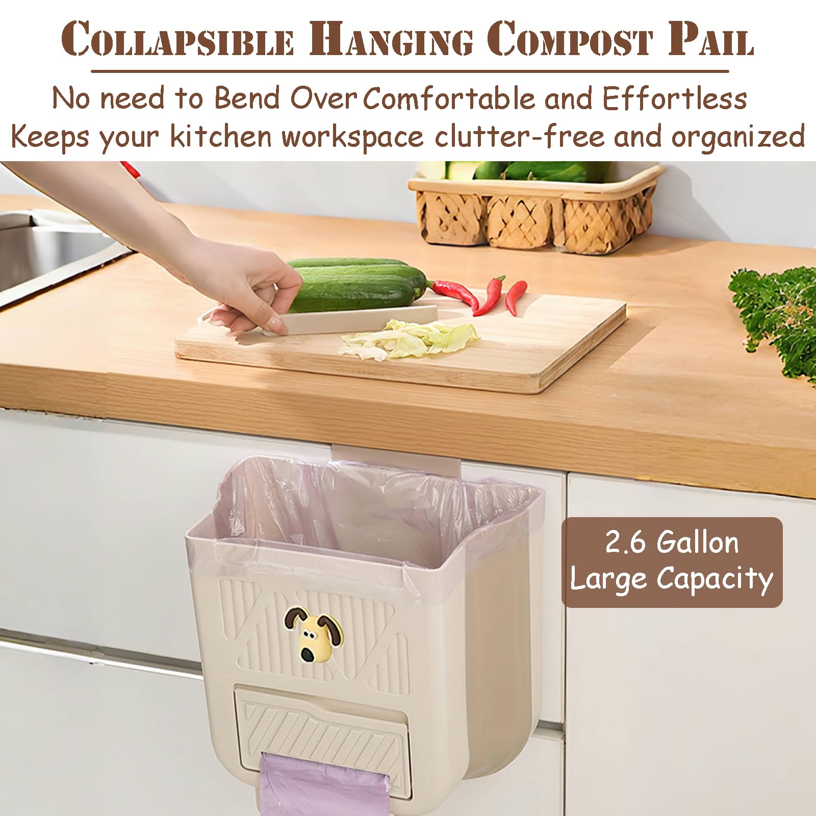 Hanging Waste Bin - Foldable Waste Bin - Kitchen Accessories - Organic Waste Bin - Countertop Waste Bin - Cabinet Door Waste Bin - Waste Separation - Camping - Caravan - Kitchen Aid - Space Saving - Trash Can - Waste Basket - Beige - 10L - 1 Piece - Image 2