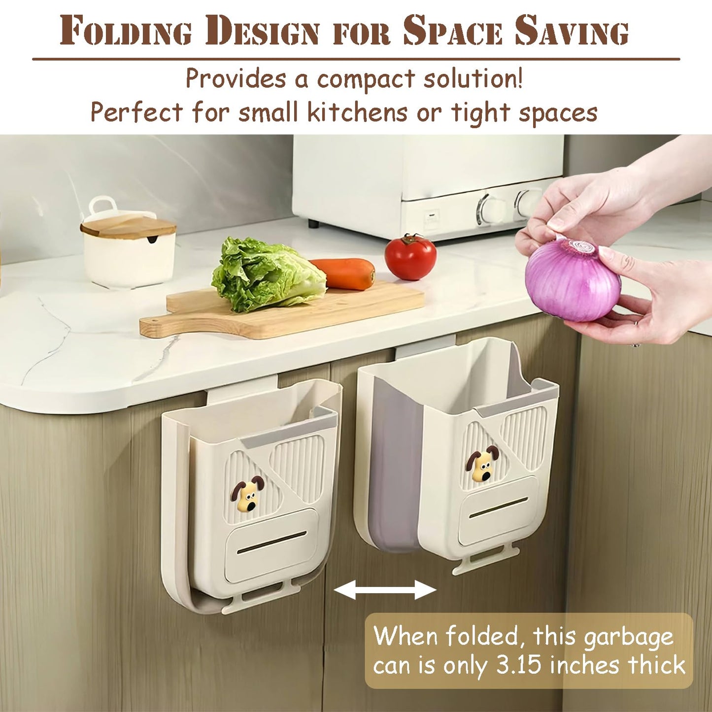 Hanging Waste Bin - Foldable Waste Bin - Kitchen Accessories - Organic Waste Bin - Countertop Waste Bin - Cabinet Door Waste Bin - Waste Separation - Camping - Caravan - Kitchen Aid - Space Saving - Trash Can - Waste Basket - Beige - 10L - 1 Piece - Image 3