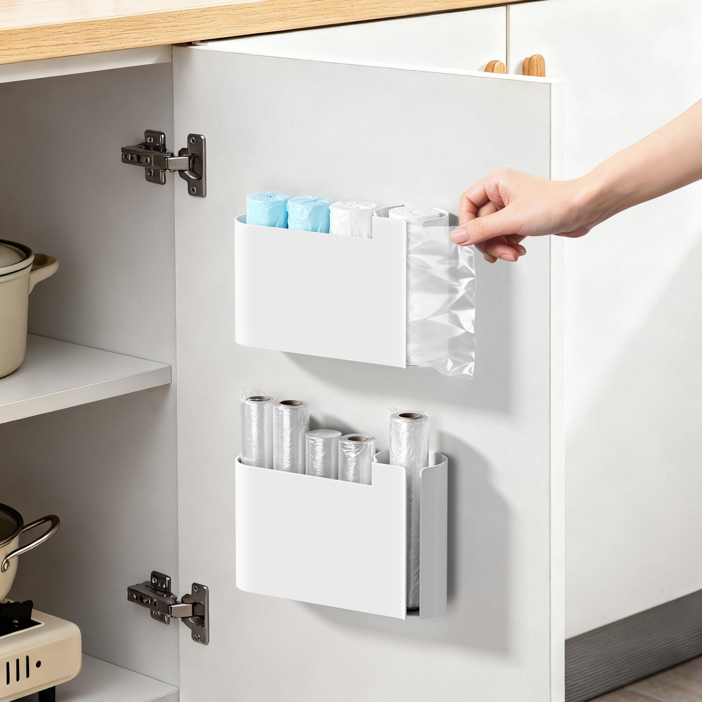 Kitchen Cabinet Organizer - Spice Rack - Door Rack - Kitchen Accessories - Storage Rack - Sink Cabinet Organizer - Garbage Bag Holder - No Drilling - Cabinet Interior - Kitchen Aid - Space Saving - Bathroom Organizer - Adhesive - White - Pack of 2 - Image 3