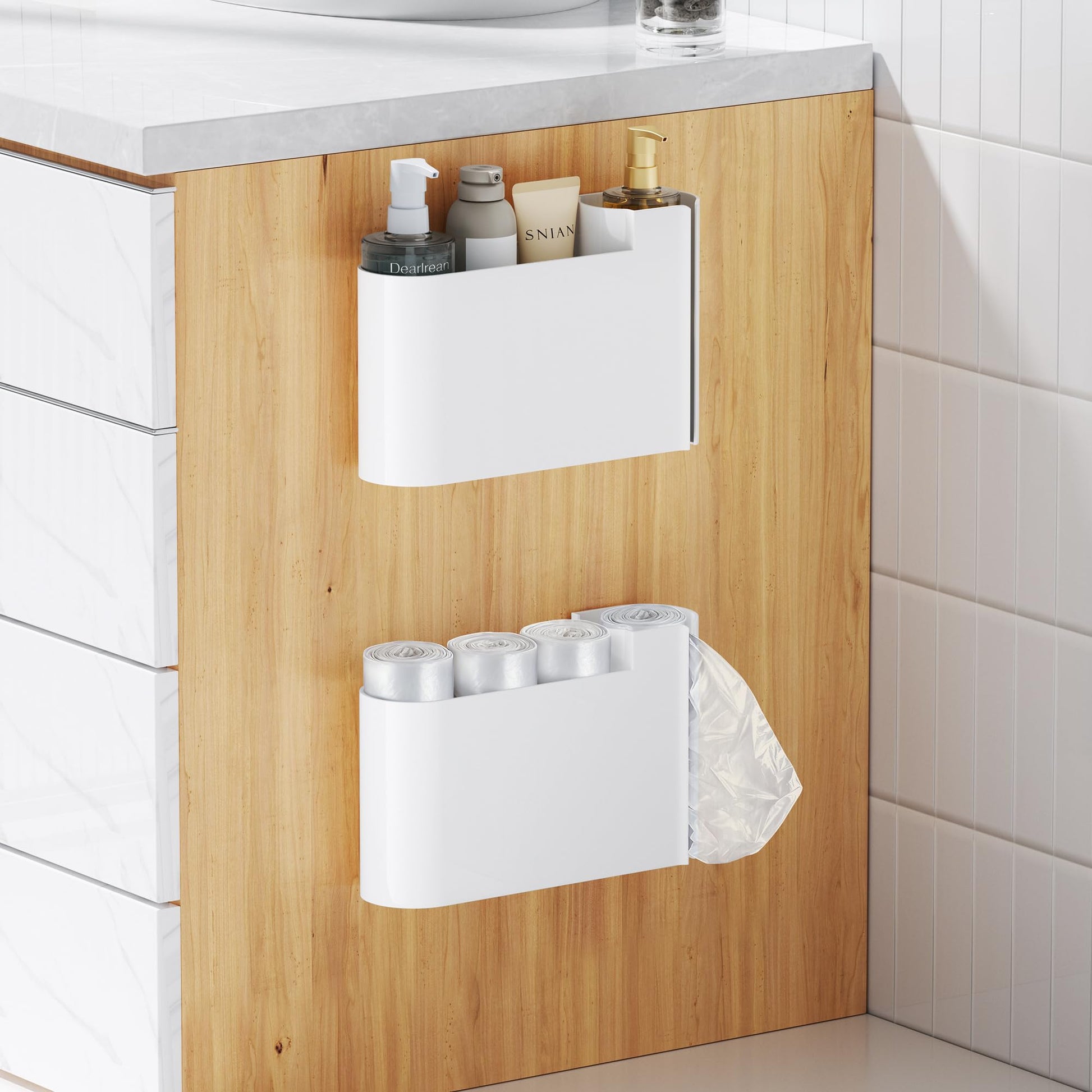Kitchen Cabinet Organizer - Spice Rack - Door Rack - Kitchen Accessories - Storage Rack - Sink Cabinet Organizer - Garbage Bag Holder - No Drilling - Cabinet Interior - Kitchen Aid - Space Saving - Bathroom Organizer - Adhesive - White - Pack of 2 - Image 4