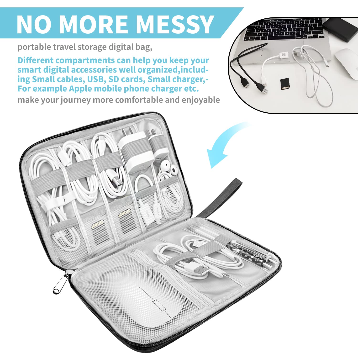 Cable Organizer - Electronics Organizer - Travel Bag - Cable Bag - Storage Bag - Charger - Power Bank - USB Stick - SD Card - Travel Accessories - Holiday - Office - Water-Repellent - Cable Management - Black - 1 Piece (Excluding Accessories) - Image 2