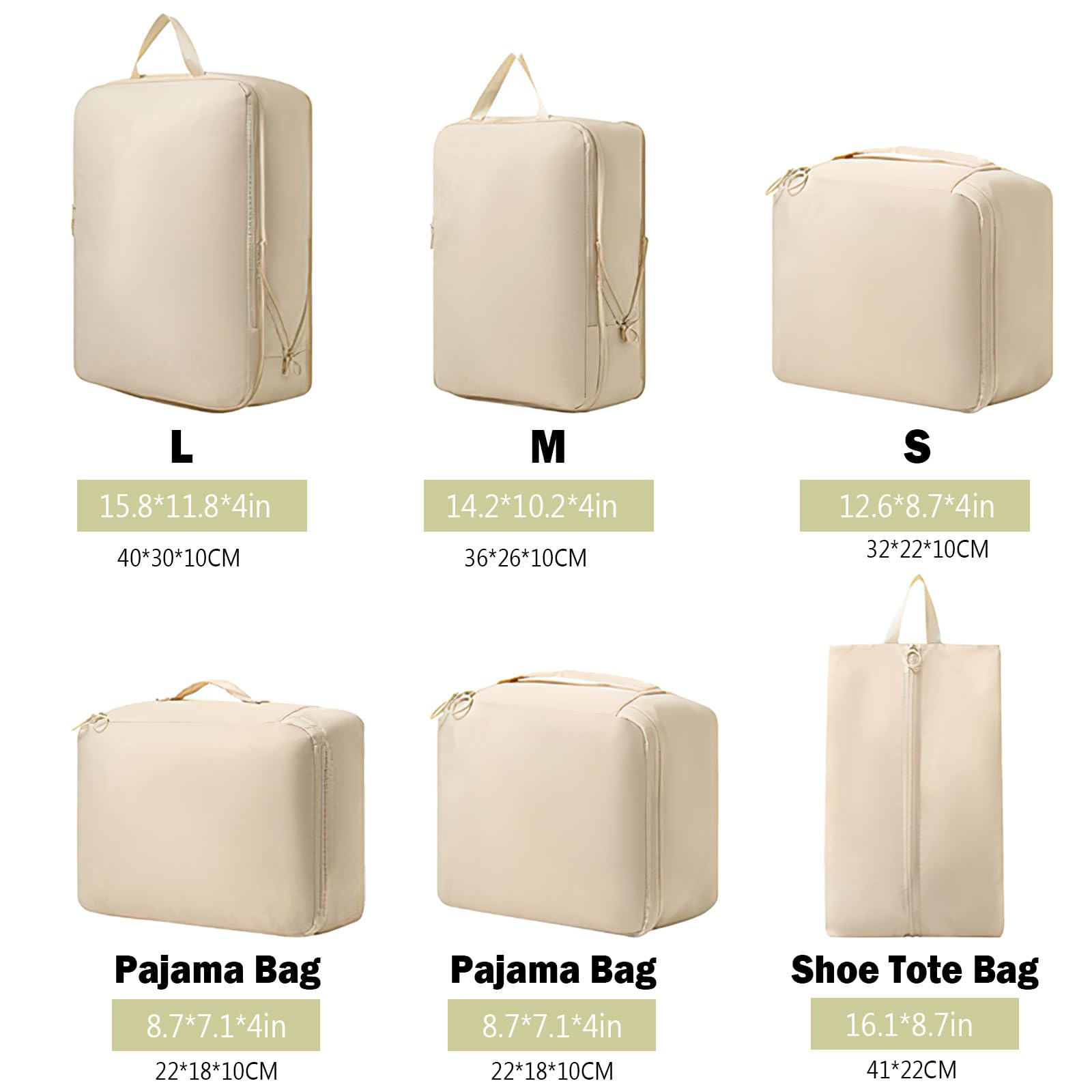 Packing Cubes - Suitcase Organizers - Travel Organizer Set - Luggage Organizer - Clothes Storage - Space Saving - Holiday Accessories - Shoe Bag - Laundry Bag - Backpacking - Travel Bag - Water-Repellent - Beige - 6 Pieces - Image 2