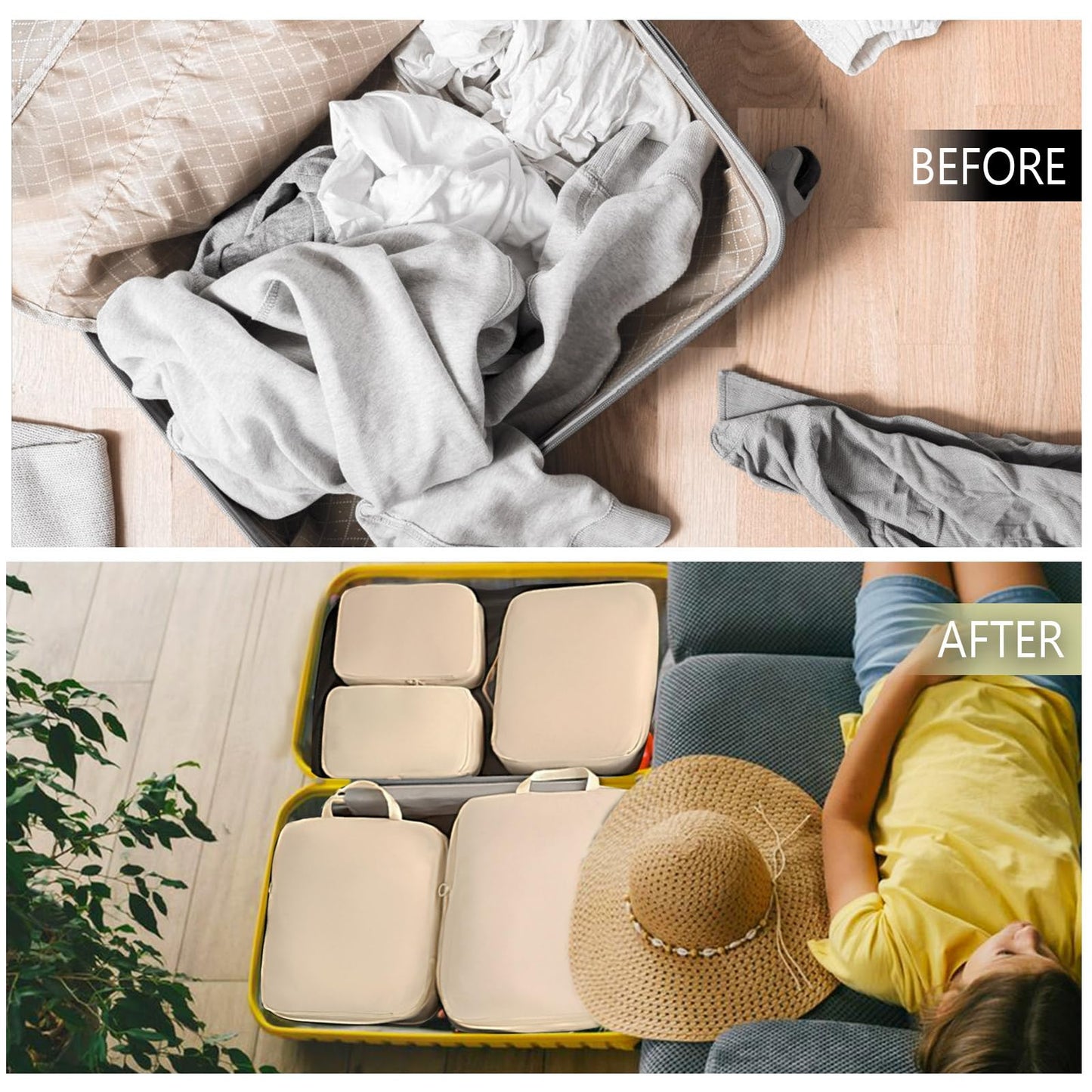 Packing Cubes - Suitcase Organizers - Travel Organizer Set - Luggage Organizer - Clothes Storage - Space Saving - Holiday Accessories - Shoe Bag - Laundry Bag - Backpacking - Travel Bag - Water-Repellent - Beige - 6 Pieces - Image 4