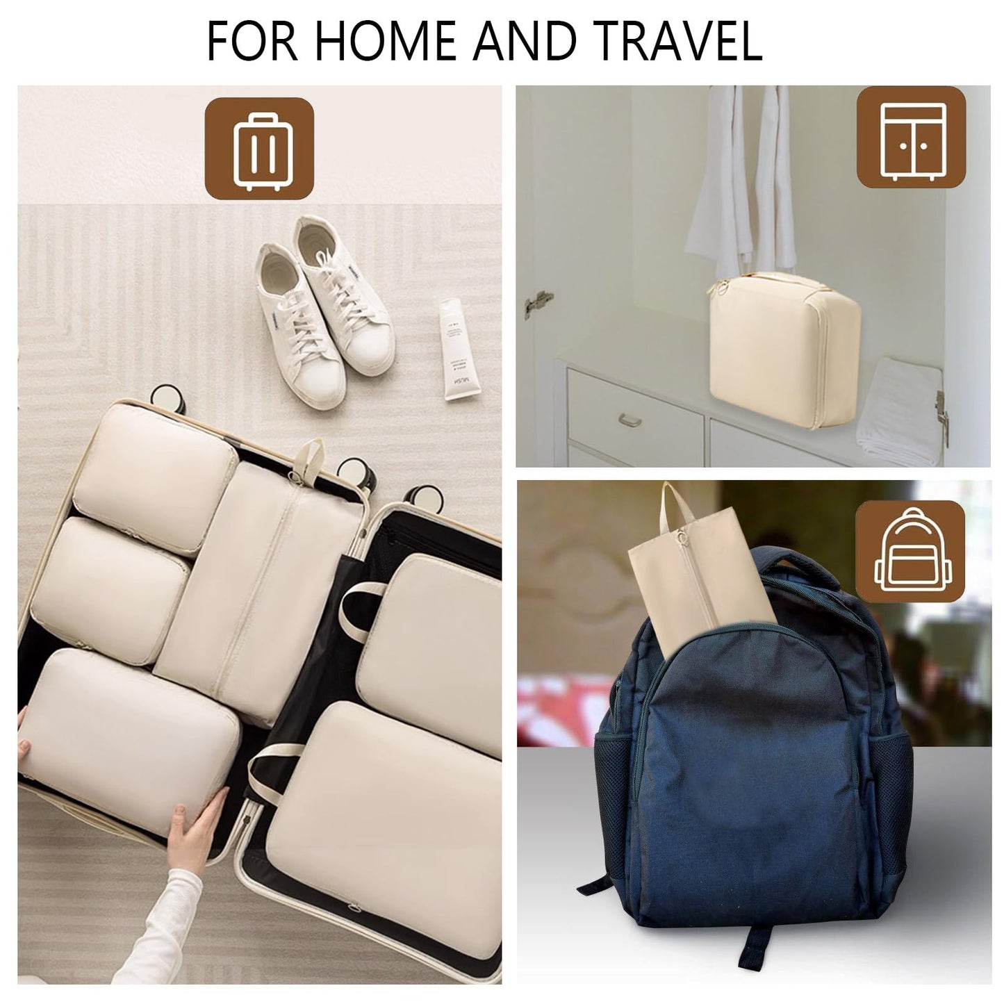 Packing Cubes - Suitcase Organizers - Travel Organizer Set - Luggage Organizer - Clothes Storage - Space Saving - Holiday Accessories - Shoe Bag - Laundry Bag - Backpacking - Travel Bag - Water-Repellent - Beige - 6 Pieces - Image 6