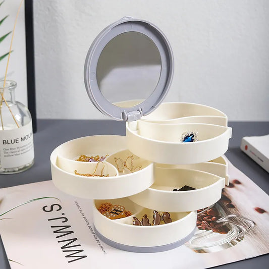 Rotating Jewellery Box with Mirror and Storage Layers for Rings, Earrings and Accessories, Compact Vanity Organiser, White
