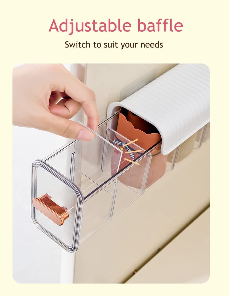 Underwear organizer - Sock organizer - Wardrobe organizer - Wall mounted - No drilling - Storage box with 6 compartments - Lingerie storage - Self-adhesive - Cable organizer - Transparent - Storage system - Space saving - White - 1 piece - Image 4