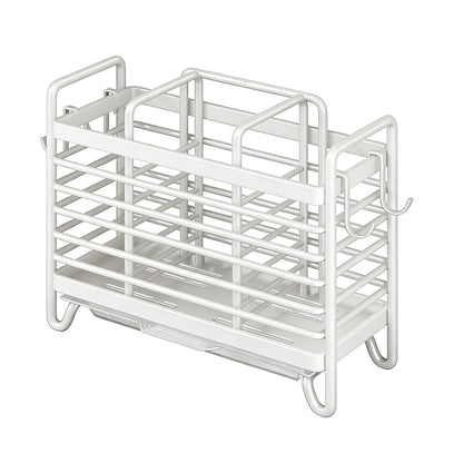 Cutlery Holder - Kitchen Organizer - Cutlery Tray - Countertop Organizer - Utensil Holder - Cutlery Rack - Cutlery Drainer - Spoon Holder - Drying Rack - Kitchen Accessories - With Drip Tray and Hooks - Metal - White - 1 Piece