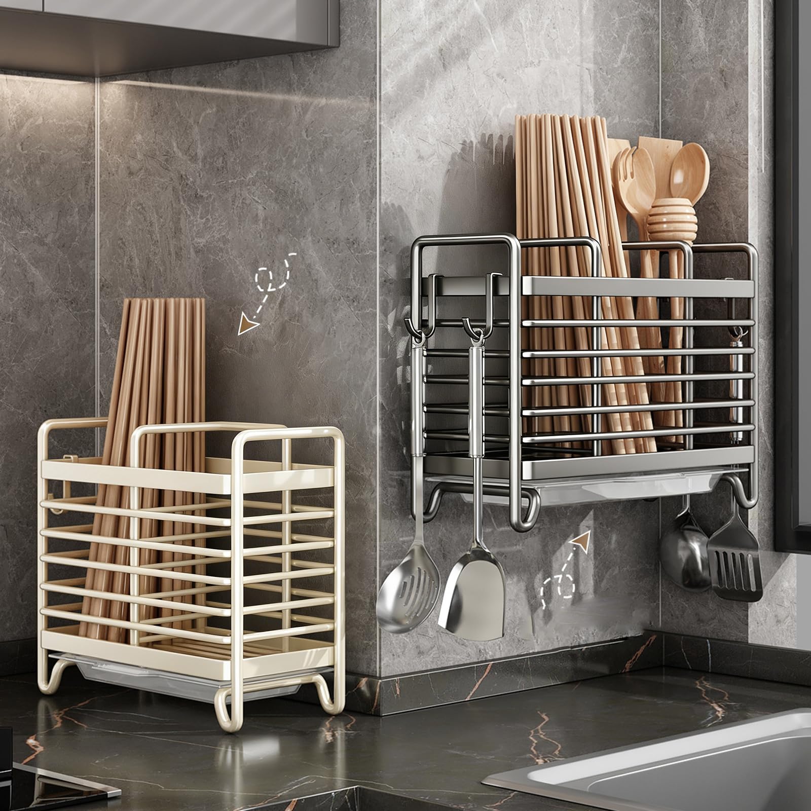 Cutlery Holder - Kitchen Organizer - Cutlery Tray - Countertop Organizer - Utensil Holder - Cutlery Rack - Cutlery Drainer - Spoon Holder - Drying Rack - Kitchen Accessories - With Drip Tray and Hooks - Metal - White - 1 Piece - Image 2