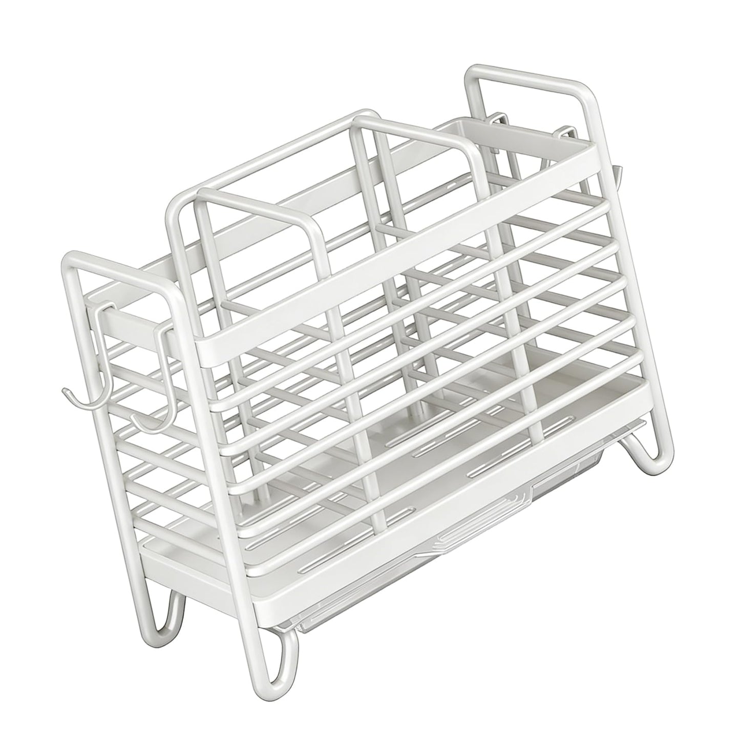 Cutlery Holder - Kitchen Organizer - Cutlery Tray - Countertop Organizer - Utensil Holder - Cutlery Rack - Cutlery Drainer - Spoon Holder - Drying Rack - Kitchen Accessories - With Drip Tray and Hooks - Metal - White - 1 Piece - Image 3