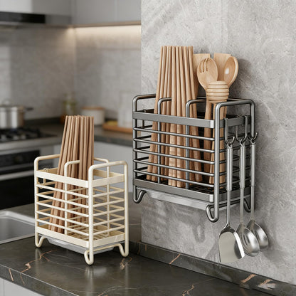 Cutlery Holder - Kitchen Organizer - Cutlery Tray - Countertop Organizer - Utensil Holder - Cutlery Rack - Cutlery Drainer - Spoon Holder - Drying Rack - Kitchen Accessories - With Drip Tray and Hooks - Metal - White - 1 Piece - Image 4