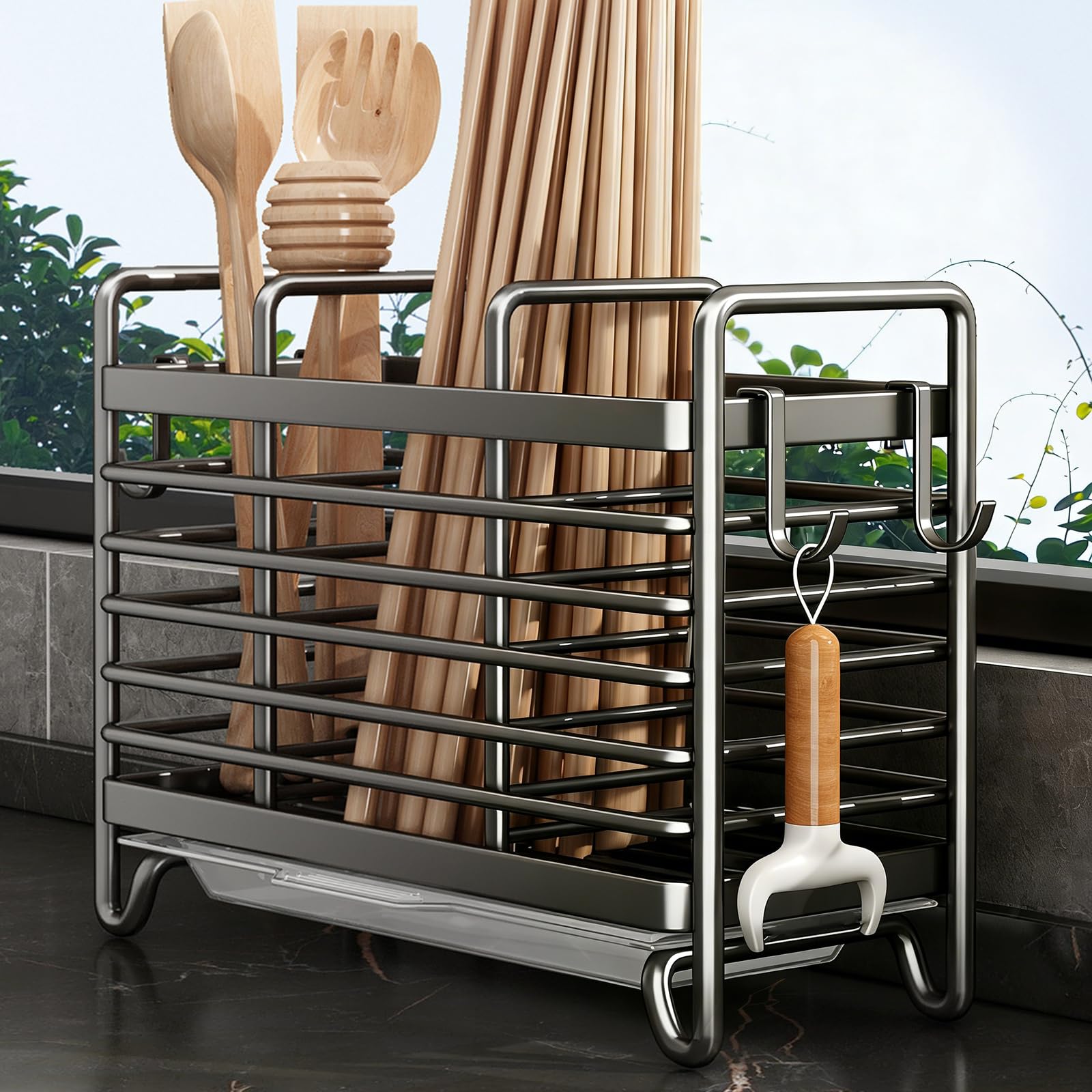 Cutlery Holder - Kitchen Organizer - Cutlery Tray - Countertop Organizer - Utensil Holder - Cutlery Rack - Cutlery Drainer - Spoon Holder - Drying Rack - Kitchen Accessories - With Drip Tray and Hooks - Metal - White - 1 Piece - Image 6
