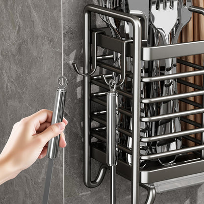 Cutlery Holder - Kitchen Organizer - Cutlery Tray - Countertop Organizer - Utensil Holder - Cutlery Rack - Cutlery Drainer - Spoon Holder - Drying Rack - Kitchen Accessories - With Drip Tray and Hooks - Metal - White - 1 Piece - Image 7