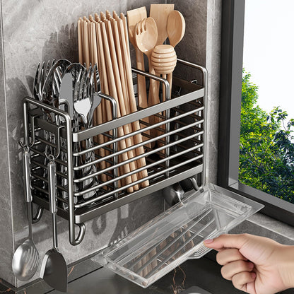 Cutlery Holder - Kitchen Organizer - Cutlery Tray - Countertop Organizer - Utensil Holder - Cutlery Rack - Cutlery Drainer - Spoon Holder - Drying Rack - Kitchen Accessories - With Drip Tray and Hooks - Metal - White - 1 Piece - Image 8