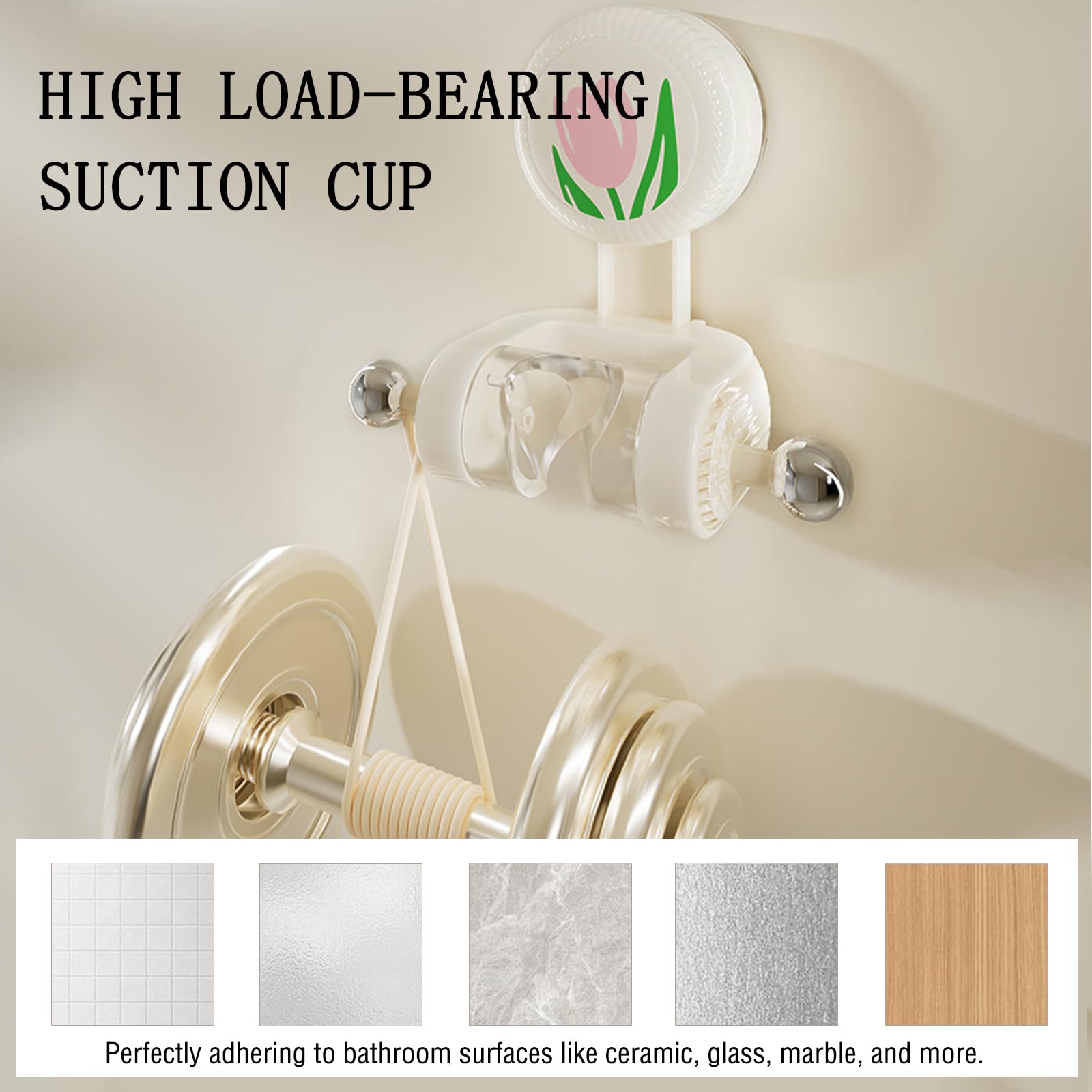 Shower Head Holder - Shower Head Holder - Hand Shower Holder - Bathroom Accessories - Shower Holder - Bathroom Organizer - Hanging System - Wall Bracket - Shower Head Mount - With Hooks - Tulip Design - Self-Adhesive Without Drilling - Beige With Pink - 1 - Image 5