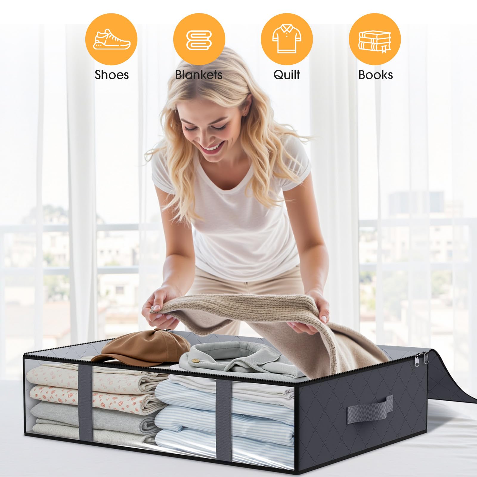 Clothing Storage Bag - Underbed Storage Box - Wardrobe Organizer - Duvet Storage Bag - Large Textile Storage Box - Foldable Storage Bags - Bedding Basket - Clothing Storage - Pillow Bag - Underbed Box Fabric - Storage - Gray - 3 Pieces - Image 5