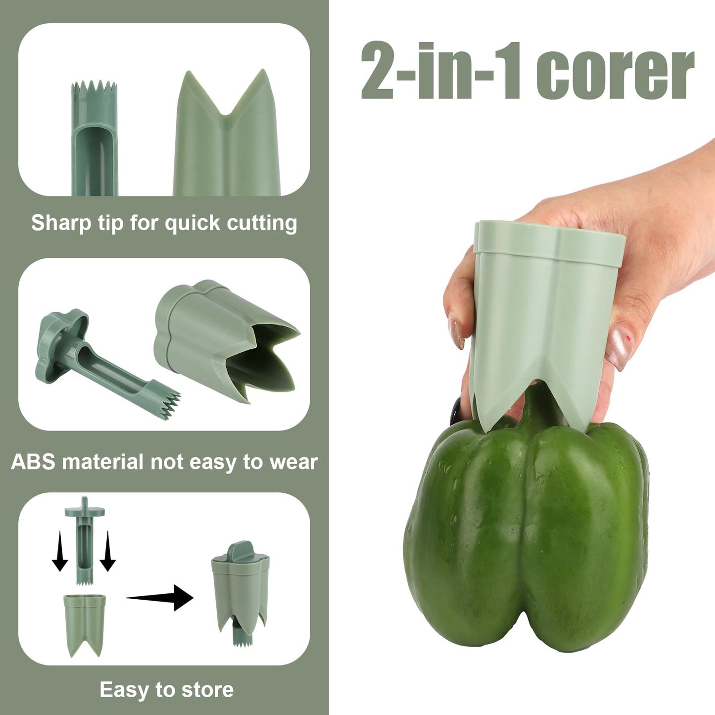 Bell Pepper Pitter - Jalapeño Pepper Drill - Chili Pepper Core Remover - Universal Vegetable Cutter - Kitchen Utensils - Bell Pepper Drill - Seed Remover - Handy Kitchen Aid - Fruit and Vegetable Tool - Kitchen Accessories - Green - 2 Pieces - Image 3