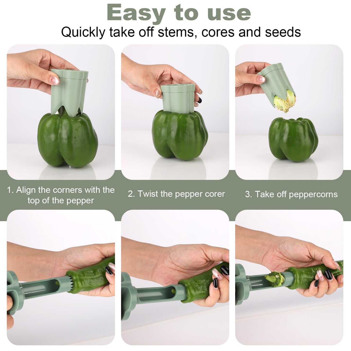 Bell Pepper Pitter - Jalapeño Pepper Drill - Chili Pepper Core Remover - Universal Vegetable Cutter - Kitchen Utensils - Bell Pepper Drill - Seed Remover - Handy Kitchen Aid - Fruit and Vegetable Tool - Kitchen Accessories - Green - 2 Pieces - Image 4