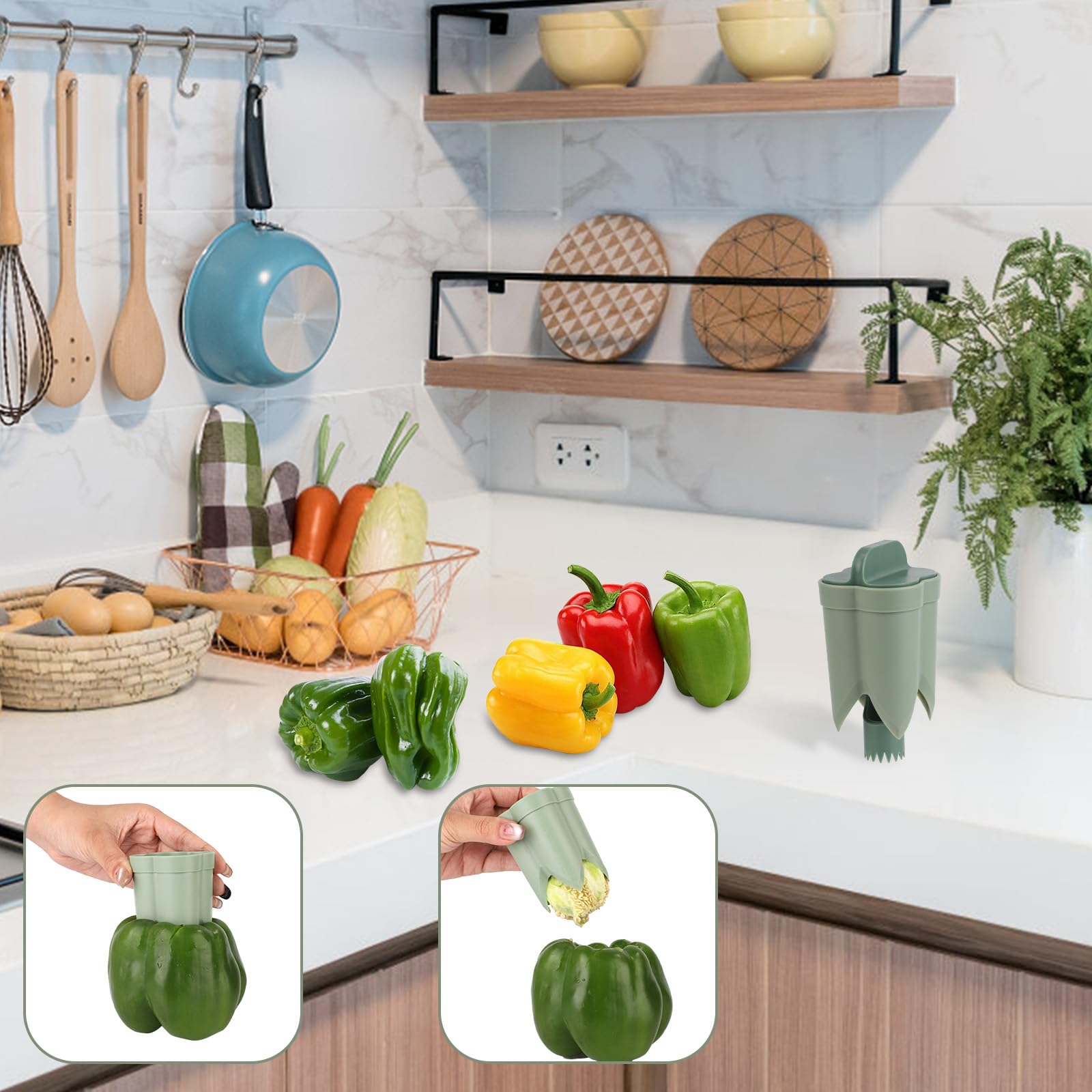 Bell Pepper Pitter - Jalapeño Pepper Drill - Chili Pepper Core Remover - Universal Vegetable Cutter - Kitchen Utensils - Bell Pepper Drill - Seed Remover - Handy Kitchen Aid - Fruit and Vegetable Tool - Kitchen Accessories - Green - 2 Pieces - Image 5